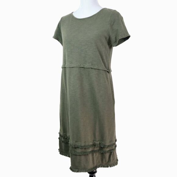 J Jill Size S Cotton Modal Slub Knit T-Shirt Dress Fringe Olive Green - Picture 1 of 11
